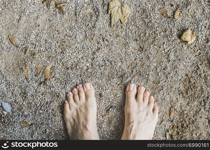 Barefoot aerial view on stone surface in the forest