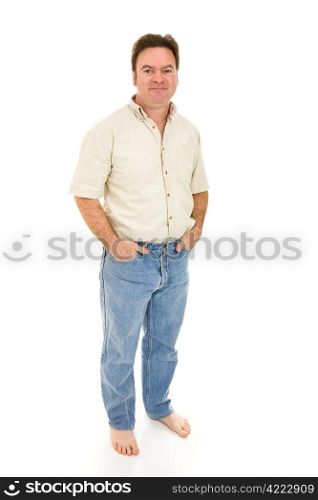Barefoot, casually dressed mid-adult man. Full body isolated on white.