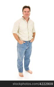 Barefoot, casually dressed mid-adult man. Full body isolated on white.