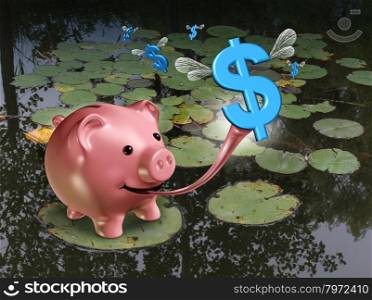 Bargain hunting business and financial concept with a piggy bank character pretending to be like a frog in which it catches flying bug like dollar signs with a the sticky tongue as an icon of budget.
