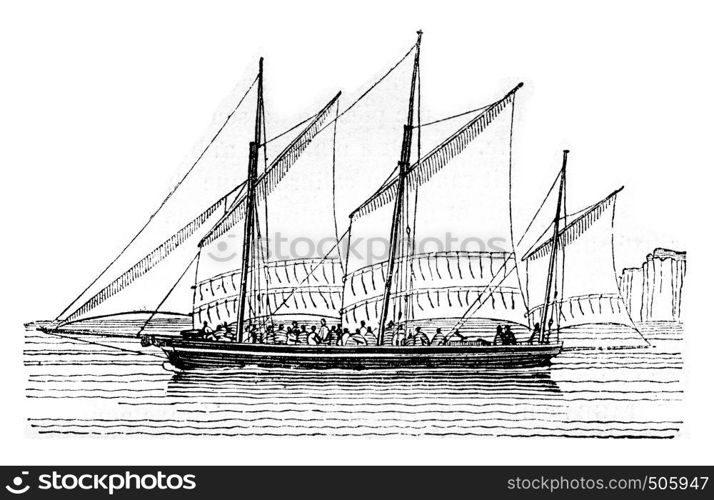 Barge at closer than abeam, vintage engraved illustration. Magasin Pittoresque 1842.