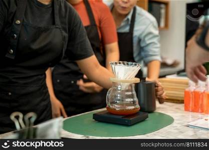 Barista are working in a coffee shop and make coffee,Concept staff and teamwork.