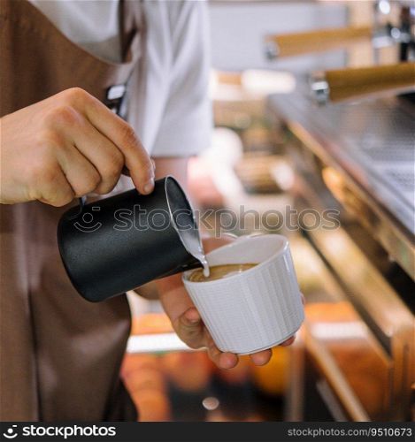 Barista pours milk into coffee