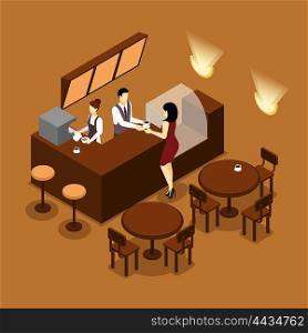 Barista Serving Customer Isometric Brown Poster. Cafe barista serving young lady customer at the counter isometric banner in brown tints abstract vector illustration