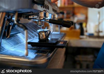 Barista workplace, coffee machine in cafe, nobody. Bar equipment for preparation of fresh espresso, professional cafeteria tools. Barista workplace, coffee machine in cafe, nobody
