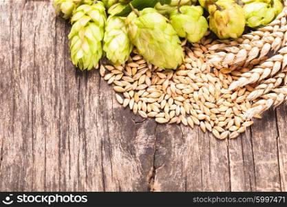 Barley and hops on a wooden background. Beer concept. The Beer concept