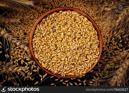 Barley grains in a wooden bowl. Top view. On a dark background. . Barley grains in a wooden bowl. Top view.