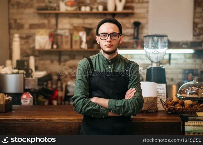 Barman in black apron standing against bar counter. Coffee house kitchen on the background.