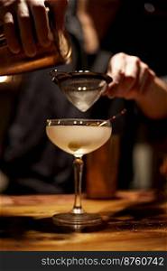 Barman making a martini cocktail at a bar, selective focus . Barman making a martini cocktail at a bar