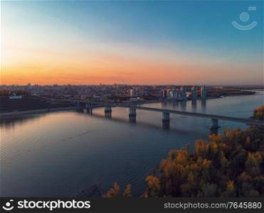 BARNAUL CITY. RUSSIA - SEPTEMBER 13, 2020: Aerial shot of view to Barnaul city. Siberia, Russia. Autumn beauty sunset on September 13, 2020 in Altayskiy krai, Siberia, Barnaul, Russia.. Aerial shot of view to Barnaul city.