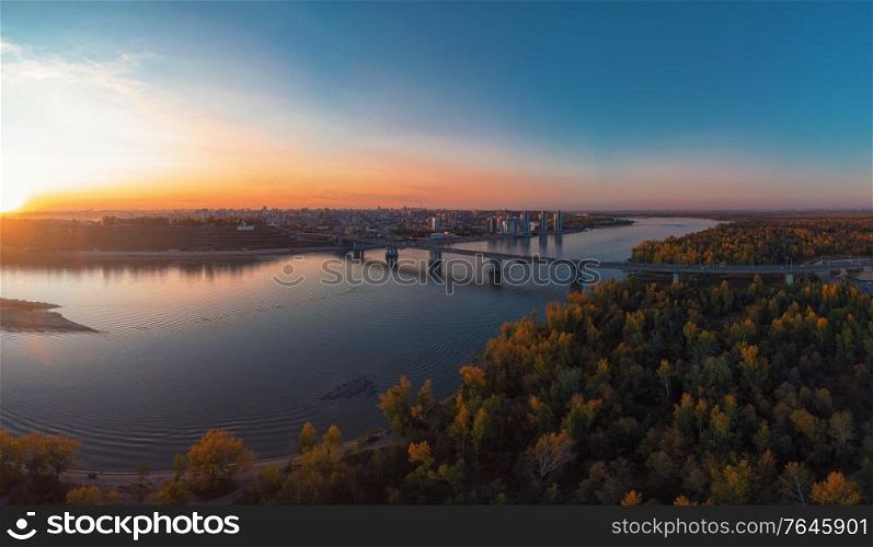 BARNAUL CITY. RUSSIA - SEPTEMBER 13, 2020: Aerial shot of view to Barnaul city. Siberia, Russia. Autumn beauty sunset on September 13, 2020 in Altayskiy krai, Siberia, Barnaul, Russia.. Aerial shot of view to Barnaul city.