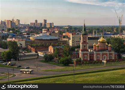 BARNAUL - JUNE, 28 Panoramic picture of road and cars driving, summer sunny day in June 28, 2017 in Barnaul , Siberia, Russia. Barnaul, Siberia, Russia