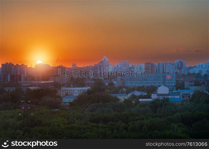 BARNAUL - JUNE, 28 Panoramic picture of sunset in Barnaul city, view from the upland park in June 28, 2017 in Barnaul , Siberia, Russia. Barnaul, Siberia, Russia