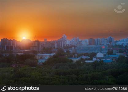 BARNAUL - JUNE, 28 Panoramic picture of sunset in Barnaul city, view from the upland park in June 28, 2017 in Barnaul , Siberia, Russia. Barnaul, Siberia, Russia