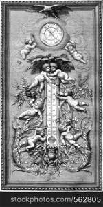 Barometer and thermometer on wood carved by Knecht, vintage engraved illustration. Magasin Pittoresque 1869.