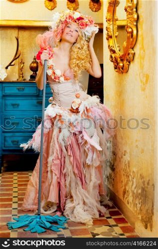 baroque fashion blonde housewife woman at mop cleaner chores