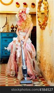 baroque fashion blonde housewife woman at vacuum cleaner chores