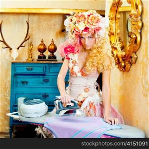 baroque fashion blonde housewife woman with iron chores