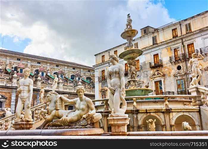 Baroque Fountain of Shame (Fontana Pretoria, 1574) in Palermo, Sicily, Italy