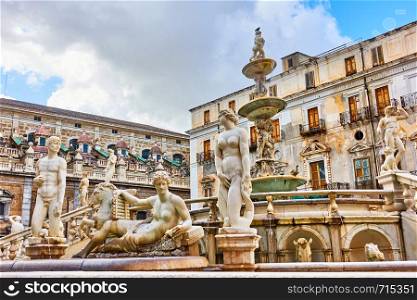 Baroque Fountain of Shame (Fontana Pretoria, 1574) in Palermo, Sicily, Italy