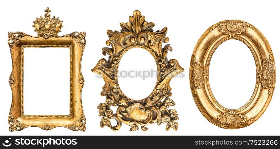 Baroque golden picture frame isolated on white background. Vintage object