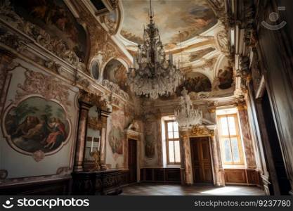 baroque interior with elaborate chandelier and intricate ceiling fresco, created with generative ai. baroque interior with elaborate chandelier and intricate ceiling fresco