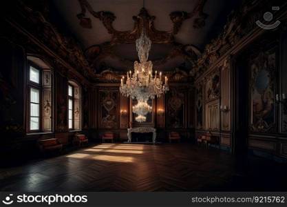 baroque room with dramatic lighting and chandelier, created with generative ai. baroque room with dramatic lighting and chandelier