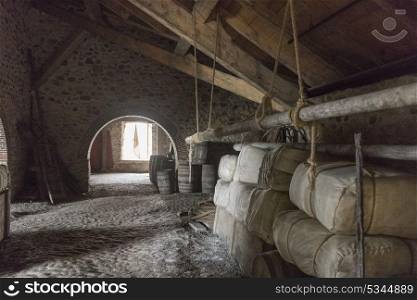 Barrels in the king&rsquo;s storehouse at the Fortress of Louisbourg, Louisbourg, Cape Breton Island, Nova Scotia, Canada