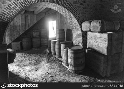 Barrels in the king&rsquo;s storehouse at the Fortress of Louisbourg, Louisbourg, Cape Breton Island, Nova Scotia, Canada