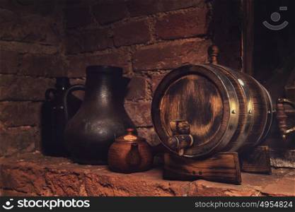 barrels in the wine cellar. Homemade barrels in the wine cellar
