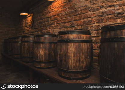 barrels in the wine cellar. Homemade barrels in the wine cellar