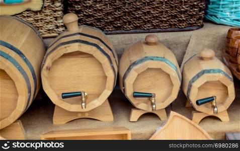Barrels made of wood in a stock in view