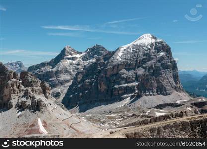 Barren Rocky Mountain with Glaciers in Italian Dolomites Alps in Summer Time