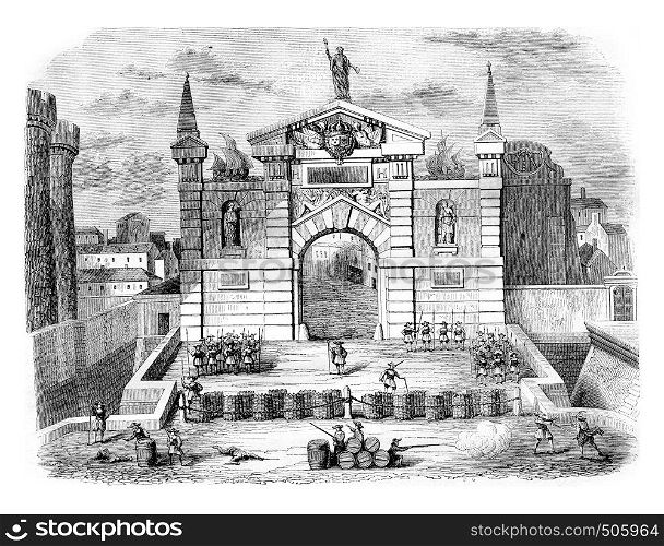 Barricades in the Saint-Antoine in 1648, vintage engraved illustration. Magasin Pittoresque 1842.