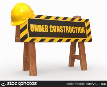 Barrier with text under construction and hardhat. 3d