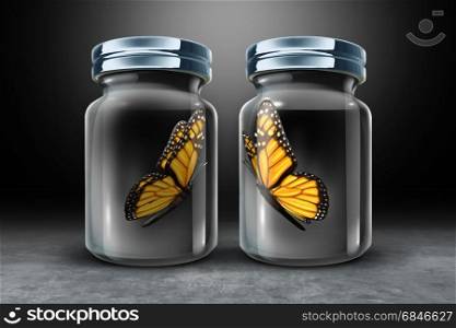 Barriers to communication and physical barrier concept as two butterflies in seperate closed glass as a jars as a 3D illustration.