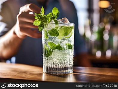 Bartender arranging mojito cocktail with mint leaf.AI generative