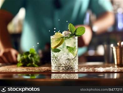 Bartender arranging mojito cocktail with mint leaf.AI generative