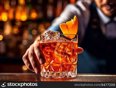 Bartender arranging negroni cocktail with orange peel.AI generative