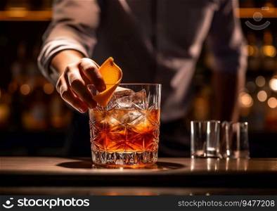 Bartender arranging negroni cocktail with orange peel on bar counter.AI generative