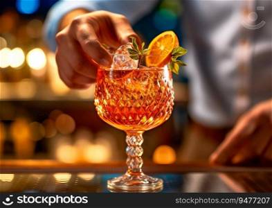 Bartender arranging spritz cocktail on bar counter.AI generative