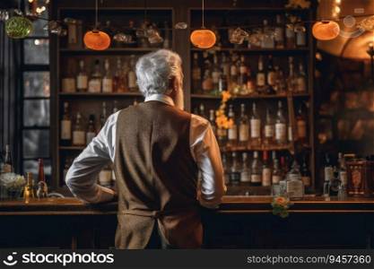 Bartender old man bar. Barista mocktail. Generate Ai. Bartender old man bar. Generate Ai