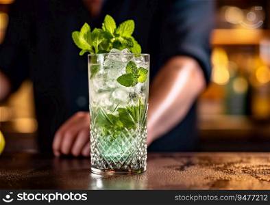 Bartender with mojito cocktail on bar counter.AI generative