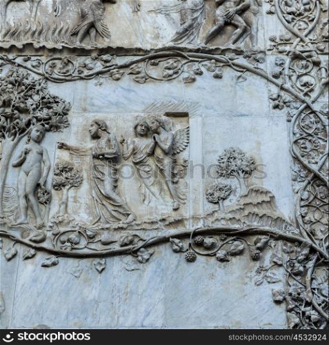 Bas relief detail on wall, Orvieto Cathedral, Orvieto, Terni Province, Umbria, Italy