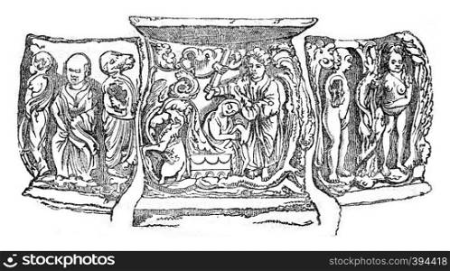 Bas-relief of an altar in the Cathedral of Oxford, vintage engraved illustration. Colorful History of England, 1837.