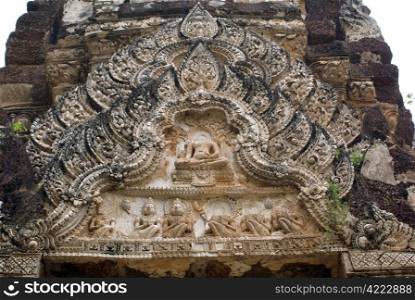 Bas-relief on the pagoda in wat Phra Phai Luang, old Sukhotai, Thailand