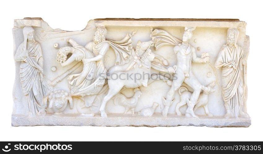 Bas-relief on the side of the ancient Roman sarcophagus.