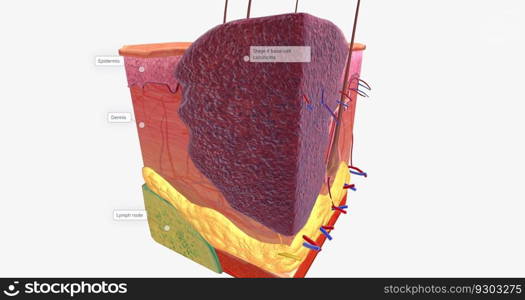 Basal Cell Carcinoma in Tissue, Stage II 3D rendering. Basal Cell Carcinoma in Tissue, Stage II