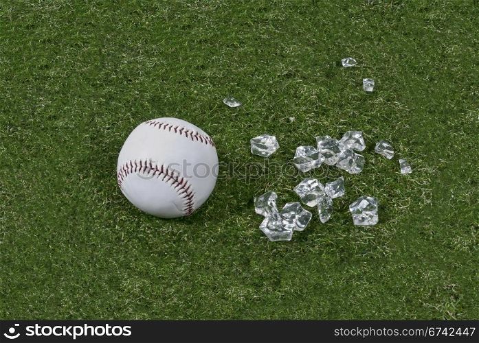Baseball and broken glass on green grass