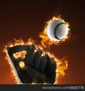 Baseball and mitt in fire